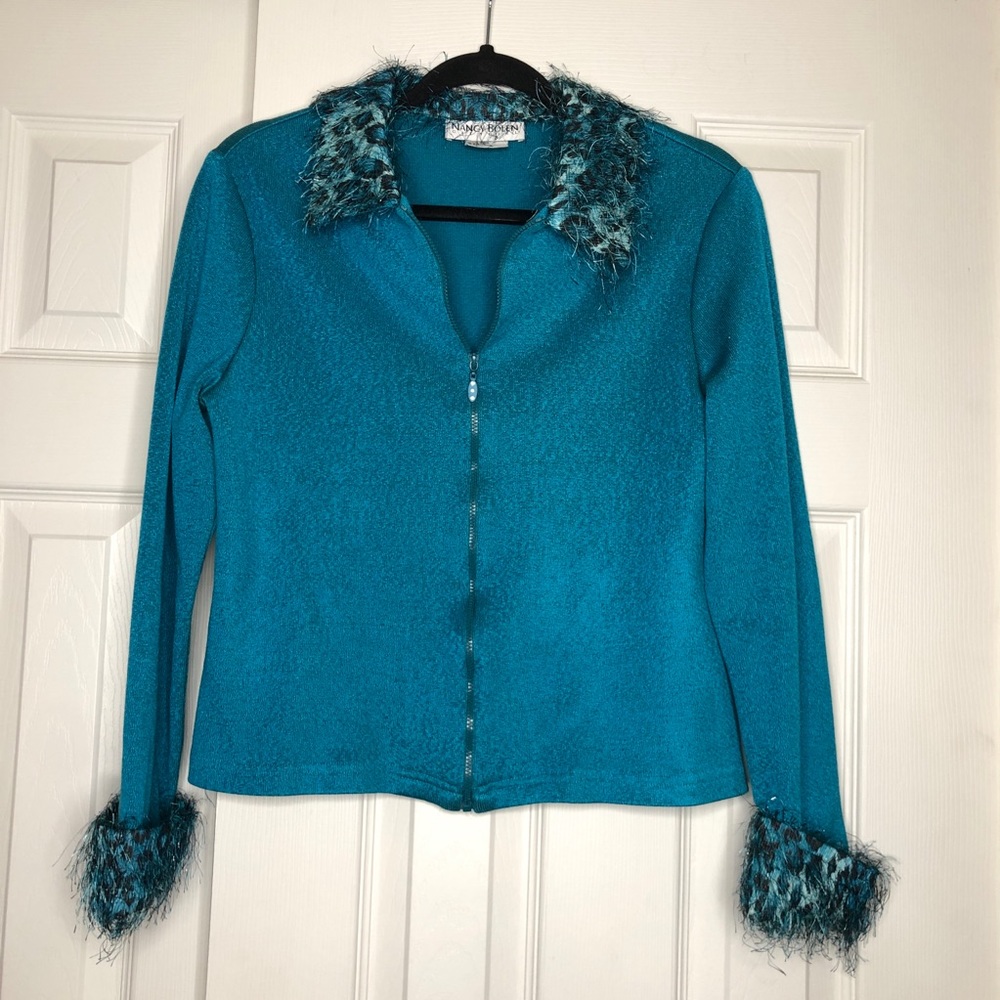 NANCY BOLEN CITY GIRL TEAL CARDIGAN - MEDIUM, EUC